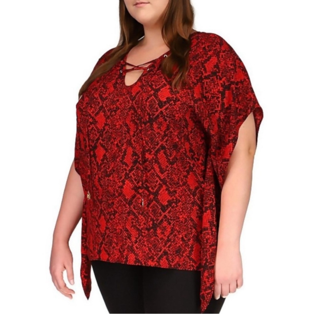 MICHAEL MICHAEL KORS Womens Red Tie Handkerchief Hem Kimono Sleeve V Neck Top